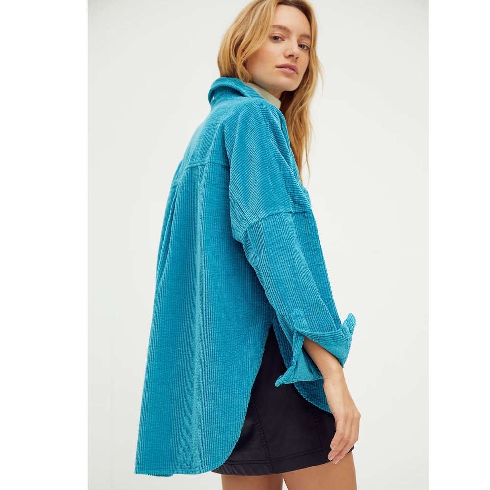 Free People x CP Shades Be Mine Corduroy Button Down Shirt Teal Blue Medium